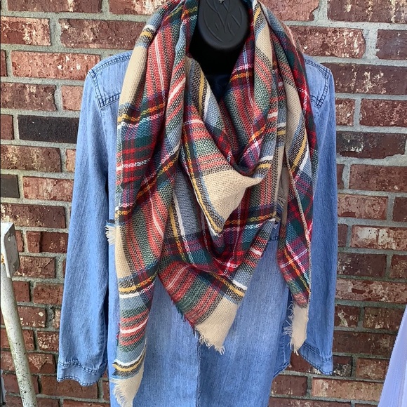 Accessories - TAN, RED & GREEN Plaid, cashmere triangle scarf